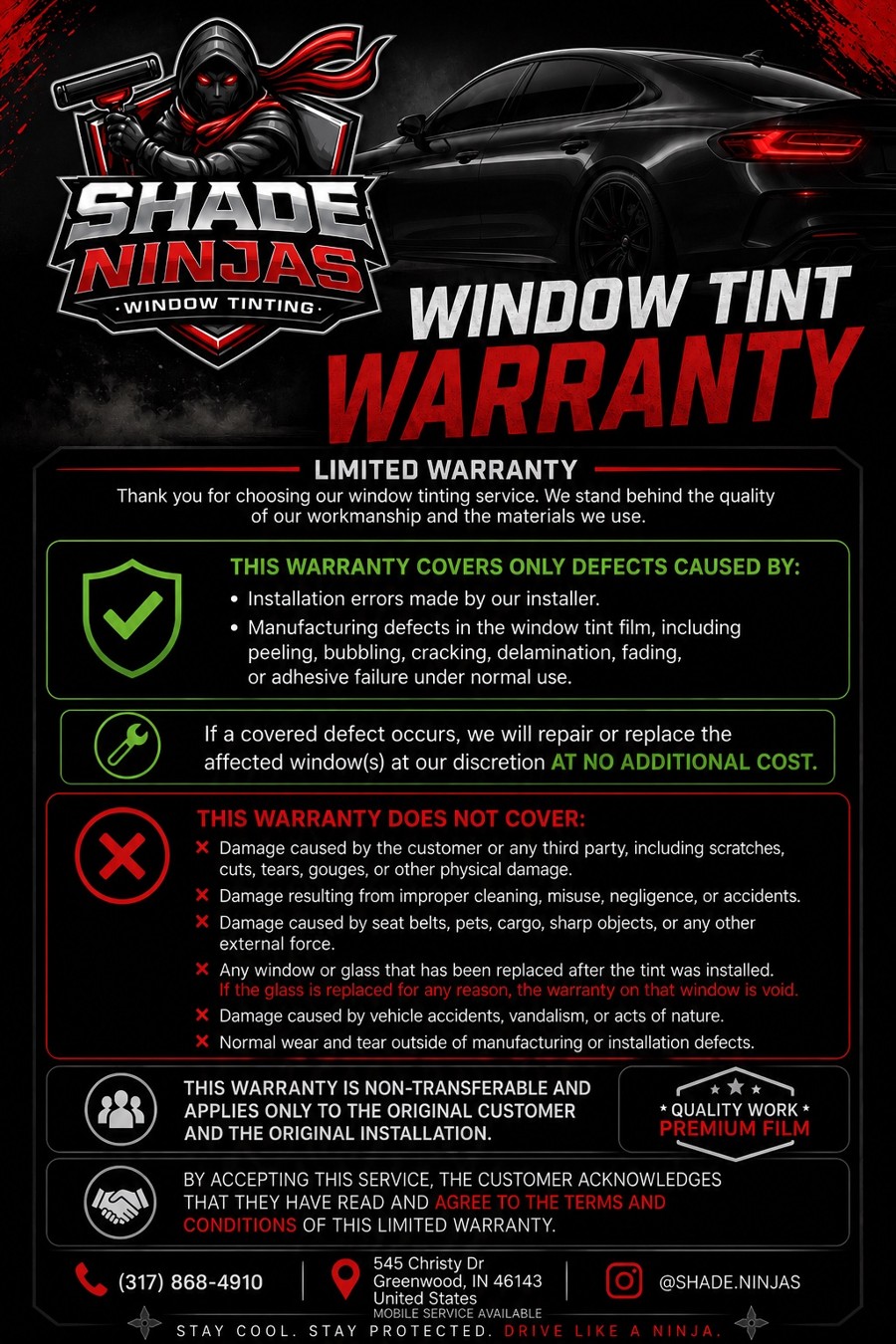 Shade Ninjas window tint warranty